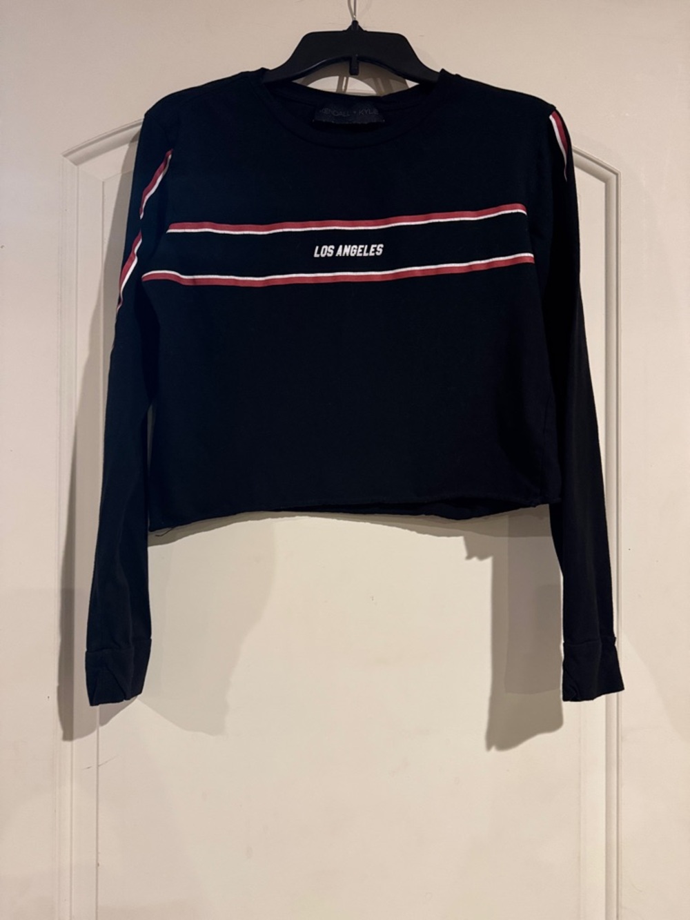 Kendall & Kylie Black Cropped Long Sleeve Top with Pink & White Stripes